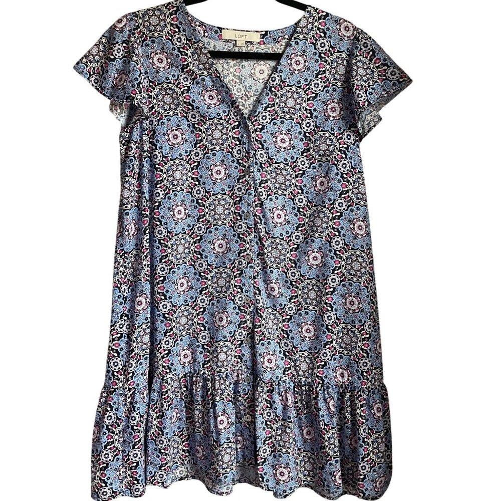 LOFT M Bundle Lot 2 Floral Ruffle Shirt Dresses V-Neck Tiered Babydoll Cotton - Picture 4 of 15